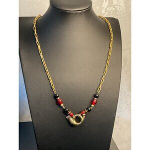 Vintage Gold Tone Chain Necklace With Red & Black Beads Horn Pendant